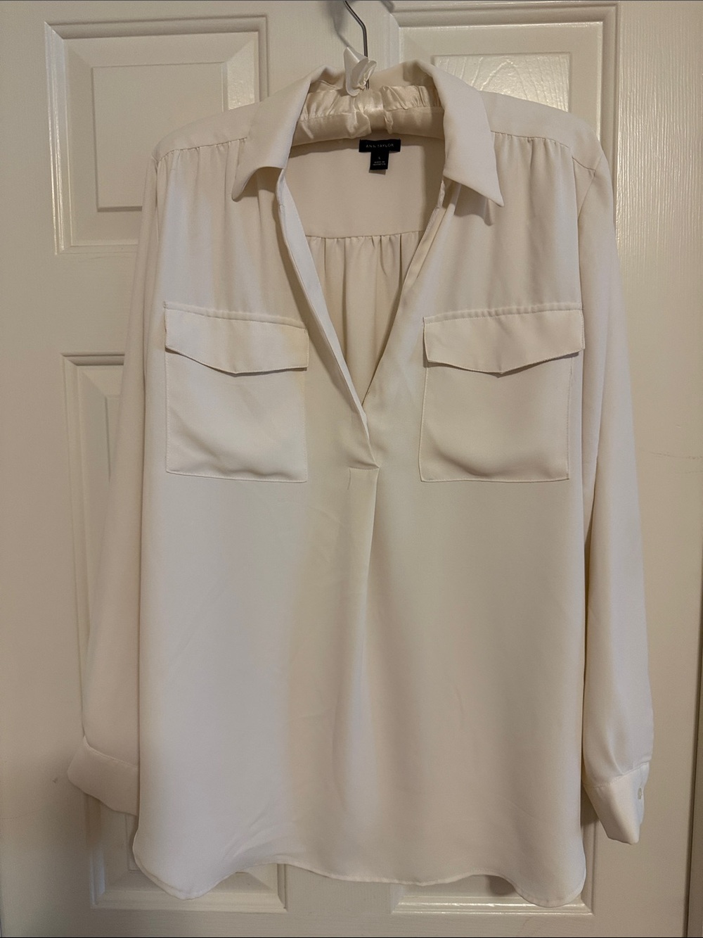 Ann Taylor Women's Cream Split-Neck Utility Blouse